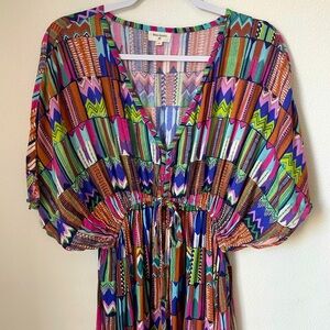 World Market Long Maxi Dress Vneck Elastic Empire Waist Short Sleeves Multicolor